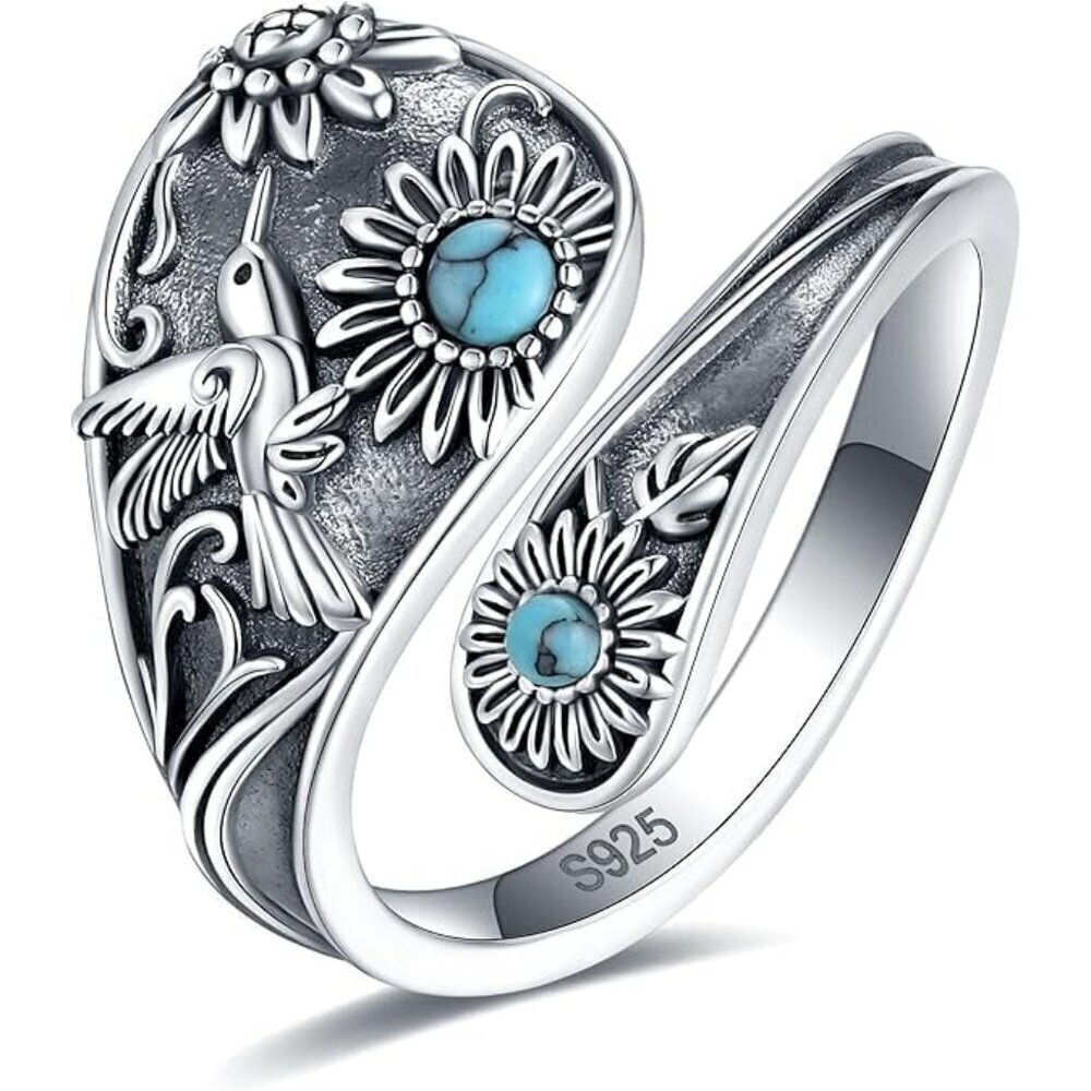 Sterling Silver Abalone Dragonfly Sunflower Ring Turquoise Vintage Jewelry